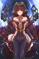 Rule 34 | 1girl, age of ishtaria, bare shoulders, breasts, brown hair, cleavage, company name, copyright notice, dress, elbow gloves, female focus, gloves, highres, jahi (ishtaria), large breasts, light smile, long hair, looking at viewer, no panties, official art, original, pointy ears, purple dress, purple eyes, purple gloves, revealing clothes, smile, solo, toki no ishutaria, underboob, very long hair, wavy hair, yaman (yamanta lov)