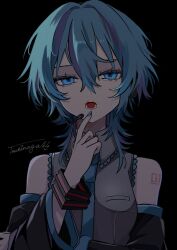 Rule 34 | 1girl, :o, bare shoulders, black background, black sleeves, blue eyes, blue hair, blue nails, blue necktie, collared shirt, dark, detached sleeves, finger to mouth, frilled shirt, frills, grey shirt, hair between eyes, hair ornament, hatsune miku, headset, highres, index finger raised, long sleeves, looking at viewer, medium hair, microphone, multiple bracelets, naguno-0713, nail polish, necktie, number tattoo, open mouth, shirt, sidelocks, signature, simple background, sleeveless, sleeveless shirt, solo, straight-on, tattoo, teeth, upper body, vocaloid, wolf cut