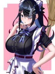 Rule 34 | 1girl, alternate costume, apron, black hair, black shirt, blue bow, blue bowtie, blue eyes, blush, bow, bowtie, braid, breasts, broom, buisen, buttons, center frills, collared shirt, cowboy shot, enmaided, eyes visible through hair, frills, hair ornament, hair over one eye, hairclip, hand on own hip, highres, impossible clothes, impossible shirt, large breasts, long bangs, long hair, looking at viewer, maid, maid headdress, multicolored hair, nekojima, pink background, shirt, side braid, sleeves rolled up, solo, streaked hair, sweat, underbust, virtual youtuber, waist apron, white apron, yashiki ciel