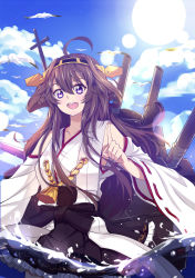 Rule 34 | 10s, 1girl, ahoge, bad id, bad pixiv id, bird, brown hair, caibao return, detached sleeves, hairband, highres, japanese clothes, kantai collection, kongou (kancolle), long hair, looking at viewer, machinery, nontraditional miko, open mouth, partially submerged, purple eyes, ribbon-trimmed sleeves, ribbon trim, seagull, solo, turret, wide sleeves