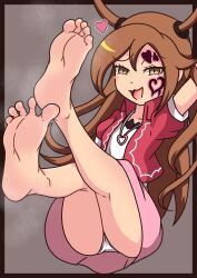 Rule 34 | 1girl, barefoot, brown eyes, brown hair, feet, highres, jewelry, kagami tina, long hair, looking at viewer, mushiking, necklace, open mouth, panties, pantyshot, soles, steam, toes, underwear, yancelot