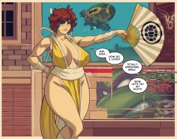 Rule 34 | aircraft, april o&#039;neil, aska (tmnt), blimp, breasts, cityscape, cosplay, dirigible, donatello (tmnt), exmile, fatal fury, hand fan, headband, logo, looking at viewer, paper fan, poster (object), shiranui mai, shiranui mai (cosplay), snk, speech bubble, teenage mutant ninja turtles, terry bogard, the king of fighters, tmnt: tournament fighters