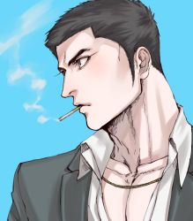 Rule 34 | 1boy, aqua background, black hair, black jacket, brown eyes, cigarette, coco (h221414), collarbone, collared shirt, commentary request, jacket, jewelry, kiryu kazuma, looking to the side, manly, necklace, ryuu ga gotoku (series), ryuu ga gotoku 0, shirt, sideburns, smoking, upper body, white shirt, yakuza, aged down