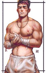 Rule 34 | 1boy, abs, bandages, bandaid, bandaid on face, bandaid on nose, bara, black eyes, black hair, blood, blood stain, bruise, bruise on face, bulge, cigarette, dolphin shorts, facial hair, greenteaa, highres, injury, large pectorals, male focus, manly, multicolored hair, muscular, navel, navel hair, nipples, original, pectorals, pink hair, see-through, short hair, shorts, sideburns, smoking, solo, streaked hair, stubble, sweat, topless male, white background