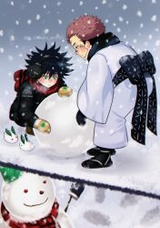 Rule 34 | 2022, 2boys, aged down, arm tattoo, black hair, black nails, blue scarf, blush, breath, closed mouth, coat, commentary request, dated, earmuffs, extra eyes, facial tattoo, fushiguro megumi, green eyes, highres, japanese clothes, jujutsu kaisen, kimono, long sleeves, male focus, multiple boys, pink hair, red eyes, red scarf, ryoumen sukuna (jujutsu kaisen), sato zero915, scarf, smile, snowflakes, snowing, snowman, spiked hair, squatting, tattoo, white kimono, winter, winter clothes