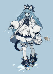Rule 34 | 1girl, absurdres, animal ear fluff, animal ears, black eyes, blue background, blue bow, blue bowtie, blue footwear, blue fur, blue hair, blue theme, body fur, bow, bowtie, bright pupils, cat ears, cat girl, cat tail, collared jacket, commentary, diamond-shaped pupils, diamond (shape), drawstring, fewer digits, footwear bow, frilled hairband, frills, full body, furry, furry female, hair bow, hairband, highres, jacket, long hair, long sleeves, open clothes, open jacket, original, puffy long sleeves, puffy sleeves, shiiorina, shoes, simple background, skirt, sneakers, solo, standing, symbol-only commentary, symbol-shaped pupils, tail, thighhighs, whiskers, white jacket, white pupils, white skirt, white thighhighs, wide-eyed, zipper