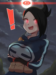 Rule 34 | !, 1girl, :d, alpha pokemon, alternate breast size, arms under breasts, black hair, blush, breasts, brown bag, cloud, collarbone, commentary request, creatures (company), crossed arms, game freak, gameplay mechanics, glowing, glowing eyes, hair ornament, highres, jacket, kurachi mizuki, large breasts, looking at viewer, mai (pokemon), mole, mole under mouth, moon, night, night sky, nintendo, open mouth, outdoors, pokemon, pokemon legends: arceus, short hair, sky, smile, solo, star (sky), sweat, tongue