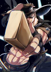 Rule 34 | 1boy, abs, adjusting clothes, adjusting headwear, black hat, blonde hair, blue eyes, brown gloves, cowboy hat, fingerless gloves, gloves, guilty gear, guilty gear strive, hat, highres, holding, holding sword, holding weapon, johnny (guilty gear), kusu (moo1225), looking at viewer, male focus, muscular, muscular male, open clothes, smile, solo, sunglasses, sword, weapon