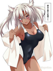 Rule 34 | 1girl, akichin (atelier baguri), blush, breasts, competition swimsuit, dark skin, dark-skinned female, female focus, glasses, hair between eyes, kantai collection, large breasts, looking at viewer, musashi (kancolle), one-piece swimsuit, open mouth, platinum blonde hair, red eyes, short hair, simple background, smile, solo, swimsuit, translation request, twintails, two side up
