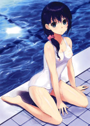 Rule 34 | 1girl, :o, absurdres, arm support, bare legs, bare shoulders, barefoot, black hair, blue eyes, breasts, cleavage, collarbone, covered erect nipples, dengeki moeou, highres, leaning forward, legs, long hair, looking at viewer, nipples, one-piece swimsuit, open mouth, parted lips, polka dot, ponytail, pool, poolside, scan, school swimsuit, scrunchie, see-through, sitting, solo, swimsuit, tiles, wariza, wet, wet clothes, white school swimsuit, white one-piece swimsuit, yuunagi (seventh heaven)
