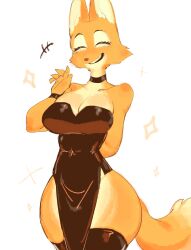 Rule 34 | 1girl, animal ears, black dress, bracelet, breasts, choker, cleavage, closed eyes, cocktail dress, diane foxington, dress, fox, fox ears, fox girl, fox tail, furry, furry female, highres, jewelry, large breasts, side slit, smile, snout, tail, the bad guys (film), thick thighs, thighs, usa37107692, waving, wide hips, yellow fur