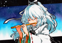 Rule 34 | 1girl, bad id, bad pixiv id, black hat, blue background, closed mouth, facing viewer, gradient background, hair between eyes, hat, holding, japanese clothes, kariginu, long hair, long sleeves, mononobe no futo, playing flute, qqqrinkappp, ribbon-trimmed sleeves, ribbon trim, solo, tate eboshi, touhou, traditional media, upper body, white hair