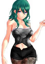Rule 34 | &gt;:(, 1girl, aqua hair, bare arms, bare legs, bare shoulders, black bra, black panties, black shorts, blue eyes, bra, breasts, byleth (female) (fire emblem), byleth (fire emblem), cleavage, closed mouth, collarbone, female focus, fire emblem, fire emblem: three houses, hair between eyes, hand up, highres, large breasts, legs, long hair, looking at viewer, midriff, navel, neck, nintendo, panties, pantyhose, purple eyes, serious, shirt, shorts, simple background, solo, standing, twitter username, underwear, white background