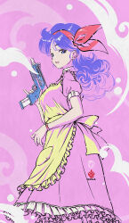 Rule 34 | 1girl, apron, bow hairband, breasts, curly hair, dragon ball, dragon ball (classic), dress, finger on trigger, frilled apron, frilled dress, frills, gun, hairband, highres, holding, holding gun, holding weapon, kanchiyo, long hair, looking at viewer, looking back, lunch (dragon ball), lunch (good) (dragon ball), medium breasts, pinky out, purple eyes, purple hair, red hairband, smoke, smoking barrel, solo, submachine gun, uzi, weapon, wrist straps