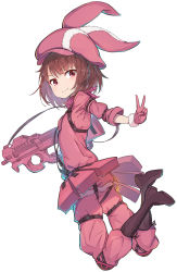 Rule 34 | 1girl, bandana, black footwear, blush, boots, bullpup, closed mouth, cross-laced footwear, full body, gloves, gun, hat, highres, holding, holding weapon, llenn (sao), long sleeves, p-chan (p90), p90, personal defense weapon, pink bandana, pink gloves, pink hat, red eyes, short hair, simple background, smile, solo, submachine gun, sword art online, sword art online alternative: gun gale online, v, weapon, white background, xuan (pixiv31113827)