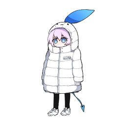 Rule 34 | . ., 1girl, alternate costume, bad id, bad twitter id, blue eyes, demon tail, down jacket, elsword, hood, hoodie, jacket, luciela r. sourcream, mellchi, oversized clothes, parka, pointy ears, shaded face, shoes, socks, solo, tail, white background, white hair