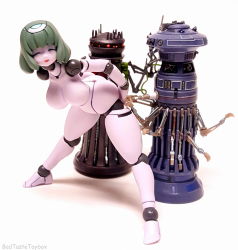 Rule 34 | antennae, bent over, breasts, closed eyes, colored skin, crossover, figure, fll iana, green hair, highres, iana kalashnikov, joints, large breasts, mechanical arms, photo (medium), presenting, revoltech, robot, robot girl, robot joints, robot neoanthropinae polynian, single mechanical arm, star wars, thick thighs, thighs, toy, white skin