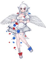 Rule 34 | 1girl, absurdres, apron, apron hold, bad id, bad twitter id, bare shoulders, blue flower, blue rose, breasts, cleavage, collarbone, commentary, creatures (company), dress, feathered wings, female focus, fingernails, flower, frills, full body, game freak, gen 4 pokemon, grey eyes, hair ornament, highres, humanization, katagiri hachigou, medium breasts, nintendo, open mouth, pale skin, pantyhose, personification, petals, pokemon, puffy sleeves, red flower, red rose, rose, shoes, short sleeves, sidelocks, simple background, skirt, smile, solo, togekiss, white background, white dress, white hair, wings, wrist cuffs