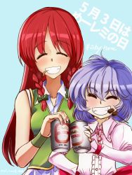 Rule 34 | 2girls, ^ ^, alcohol, beer, beer can, blue hair, bow, braid, can, chinese clothes, closed eyes, dress, drink can, food, hibino nozomu, highres, hong meiling, long hair, multiple girls, red hair, remilia scarlet, ribbon, short hair, smile, touhou, translation request, twin braids