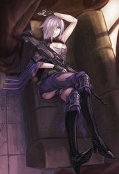 Rule 34 | 1girl, a-er (akkij0358), ass, ass cutout, belt, boots, breasts, cartridge, chaps, cleavage, cleavage cutout, clothing cutout, couch, crotch cutout, fingerless gloves, girls&#039; frontline, gloves, gun, hair over one eye, hand to head, high heel boots, high heels, highres, indoors, crossed legs, lying, mg5 (girls&#039; frontline), nail polish, pale skin, purple eyes, purple hair, revealing clothes, rifle, solo, torn clothes, weapon