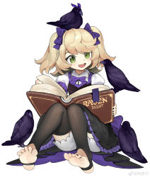 Rule 34 | 1girl, absurdres, aged down, alternate costume, bird, black dress, black nails, black pantyhose, black toenails, blonde hair, bloomers, book, bookmark, bow, bowtie, child, commentary, crow, dress, english text, fang, feet, fischl (genshin impact), full body, genshin impact, green eyes, highres, holding, holding book, knees up, menthako, nail polish, open book, open mouth, pantyhose, pinafore dress, puffy short sleeves, puffy sleeves, purple bow, purple bowtie, shirt, short sleeves, simple background, sitting, sleeveless, sleeveless dress, smile, solo, symbol-only commentary, toeless legwear, toes, twintails, underwear, weibo watermark, white background, white shirt