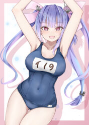 Rule 34 | 1girl, bare arms, bare legs, bare shoulders, blue one-piece swimsuit, blush, covered navel, cowboy shot, fang, highres, i-19 (kancolle), kantai collection, koru pera, long hair, looking at viewer, name tag, one-piece swimsuit, open mouth, purple hair, red eyes, school swimsuit, smile, solo, swimsuit, tri tails
