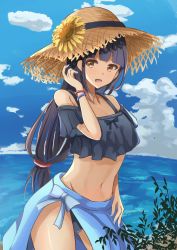 Rule 34 | 1girl, absurdres, beach, bikini, bikini skirt, black hair, blue bikini, blue sky, breasts, collarbone, crop top, day, flower, hat, hatsushimo (kancolle), highres, kantai collection, long hair, looking at viewer, low-tied long hair, navel, ocean, aged up, open mouth, outdoors, palm tree, red eyes, sg tacchi, sky, small breasts, solo, sun hat, sunflower, swimsuit, tree, water