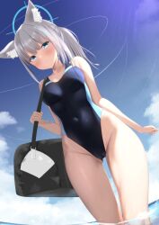Rule 34 | 1girl, animal ear fluff, animal ears, bag, blue archive, blue eyes, blue sky, breasts, cameltoe, closed mouth, cloud, competition swimsuit, covered navel, cross hair ornament, day, dutch angle, gluteal fold, grey hair, groin, hair ornament, halo, highleg, highleg swimsuit, highres, holding, holding bag, medium breasts, miyakoshin053, one-piece swimsuit, outdoors, ponytail, shiroko (blue archive), shiroko (swimsuit) (blue archive), sky, solo, swimsuit, thighs, wading, water, wide hips, wolf ears, wolf girl