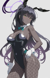 Rule 34 | 1girl, absurdres, akagi koku, animal ears, ass, black hair, black leotard, blue archive, blush, bow, breasts, closed mouth, curvy, dark-skinned female, dark skin, detached collar, fake animal ears, fake tail, fishnet pantyhose, fishnets, gloves, gradient background, green bow, halo, highleg, highleg leotard, highres, karin (blue archive), karin (bunny) (blue archive), large breasts, leotard, long hair, looking at viewer, official alternate costume, pantyhose, ponytail, purple halo, rabbit ears, rabbit tail, shiny skin, solo, strapless, strapless leotard, tail, very long hair, white gloves, wide hips, wrist cuffs, yellow eyes