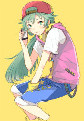 Rule 34 | 1girl, aqua eyes, aqua hair, blush, casual, cellphone, hat, hatsune miku, holding, kagerou days (vocaloid), long hair, pants, phone, ponytail, project diva (series), project diva f 2nd, shirt, short sleeves, simple background, smartphone, solo, sowosuke, vocaloid, yellow background