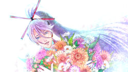 Rule 34 | 1boy, bloom, blue eyes, bouquet, commentary, dutch angle, eighth note, flower, flower request, hair ornament, hair stick, holding, holding bouquet, kamui gakupo, lips, long hair, male focus, mie (miekushinada), musical note, nail polish, parted lips, ponytail, purple flower, purple hair, purple nails, red flower, smile, solo, upper body, very long hair, vocaloid, white flower