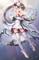 Rule 34 | 1girl, ankle ribbon, arm behind head, arm garter, arm up, armpits, azur lane, black bow, black gloves, blush, bouquet, bow, breasts, choker, cleavage, closed mouth, collarbone, covered navel, dress, dress bow, elbow gloves, eyeshadow, floating hair, flower, full body, gloves, hair between eyes, hair flower, hair ornament, high heels, highres, holding, holding bouquet, large breasts, leg ribbon, long hair, looking at viewer, makeup, morichika shuuto, ponytail, ribbon, sidelocks, smile, solo, strapless, strapless dress, tassel, thighhighs, thighs, tiara, very long hair, water drop, wedding dress, white dress, white flower, white footwear, white ribbon, white thighhighs, zuikaku (azur lane)