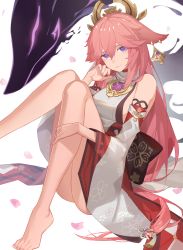 Rule 34 | 1girl, absurdres, after3310, animal ears, bare shoulders, barefoot, blouse, blush, breasts, detached sleeves, feet, fox ears, genshin impact, hair ornament, highres, japanese clothes, jewelry, kimono, large breasts, long hair, looking at viewer, necklace, pendant, pink hair, purple eyes, red skirt, shirt, sidelocks, skirt, sleeveless, sleeveless kimono, sleeveless shirt, solo, thighs, very long hair, white kimono, white shirt, wide sleeves, yae miko