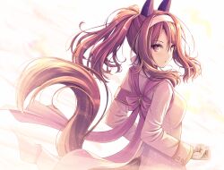 Rule 34 | 1girl, akashio (loli ace), animal ears, backlighting, brown eyes, brown hair, clenched hands, commentary request, ear covers, from side, hairband, highres, horse ears, horse girl, horse tail, king halo (noble white cheer attire) (umamusume), king halo (umamusume), long hair, long sleeves, looking at viewer, looking to the side, open mouth, ponytail, sidelocks, solo, tail, umamusume, white hairband