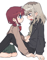 2girls between_legs black_jacket black_pants blush brown_sweater chinese_commentary closed_mouth commentary_request girls_band_cry green_skirt grey_eyes grey_hair hand_on_another&#039;s_stomach highres iseri_nina jacket kawaragi_momoka long_hair multicolored_hair multiple_girls open_mouth pants pleated_skirt red_hair roots_(hair) short_twintails simple_background skirt sweatdrop sweater tutai twintails white_background yuri