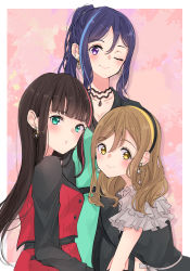 Rule 34 | 3girls, ;), absurdres, alternate hairstyle, artist name, artist request, azalea (love live!), belt, black belt, black bow, black choker, black dress, black hair, black hairband, black pants, black shorts, blue hair, blunt bangs, blush, bow, breasts, brown eyes, brown hair, buttons, choker, cleavage, collarbone, curly hair, dress, earrings, female focus, frilled dress, frilled sleeves, frills, gloves, green dress, green eyes, green gloves, grey bow, grey dress, hair between eyes, hairband, high ponytail, highres, himitsu no story (love live!), in the dark (love live!), jewelry, kunikida hanamaru, kurosawa dia, layered skirt, light brown hair, long hair, long sleeves, looking at viewer, love live!, love live! school idol festival, love live! sunshine!!, matsuura kanan, miniskirt, mole, mole under mouth, multicolored hair, multiple girls, one eye closed, pants, parted lips, pink background, plaid, plaid dress, plaid skirt, pleated, pleated dress, pleated skirt, ponytail, purple eyes, red dress, short dress, short sleeves, shorts, shorts under dress, shorts under skirt, sideboob, skirt, small breasts, smile, the secret story (love live!), triangle print, two-tone dress, wink, yellow dress, yellow eyes, yellow gloves, yellow hairband