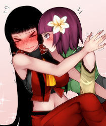 Rule 34 | &gt; &lt;, 2girls, adapted costume, alternate hairstyle, aoshima, ascot, bare arms, bare shoulders, blunt bangs, blush, breasts, chocolate, closed eyes, closed mouth, detached sleeves, flower, food in mouth, hair flower, hair ornament, hair tubes, hakurei reimu, hieda no akyuu, highres, japanese clothes, large breasts, long hair, miko, mouth hold, multiple girls, navel, nose blush, purple eyes, purple hair, red skirt, short hair, sidelocks, skirt, sleeveless, stomach, touhou, undershirt, very long hair, yuri