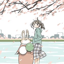 Rule 34 | 1girl, animal, brown hair, rabbit, cherry blossoms, clothed animal, dango, east sha2, food, from side, highres, holding, holding food, hood, hoodie, original, outdoors, plaid, plaid skirt, ponytail, skirt, skyline, solo, sweater, wagashi, water
