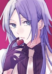 Rule 34 | 1boy, absurdres, black gloves, black undershirt, bungou stray dogs, candy, chocolate, chocolate heart, collared shirt, earrings, food, formal, gloves, heart, highres, jacket, jewelry, multicolored hair, necktie, r1kuuw, red background, shirt, sigma (bungou stray dogs), solo, split-color hair, stud earrings, suit, white jacket, white necktie