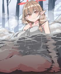 Rule 34 | absurdres, bathing, blue archive, brown eyes, brown hair, chinatsu (blue archive), covering privates, halo, highres, naked towel, nude cover, nya (73809635), onsen, partially submerged, pointy ears, red halo, rock, shared bathing, soaking feet, steam, towel, water, wet, wet towel, white towel