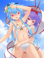 Rule 34 | 2girls, bad id, bad pixiv id, bikini, blue hair, bow, cloud, day, female focus, flat chest, food, frills, fruit, hair bow, hair ornament, hinanawi tenshi, long hair, multiple girls, nagae iku, peach, purple hair, red eyes, rupa, short hair, side-tie bikini bottom, sky, swimsuit, touhou, yuri