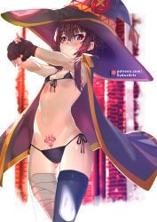 Rule 34 | 1girl, :3, arms up, bad id, bad pixiv id, bandaged leg, bandages, bikini, black bikini, black cape, black gloves, black hat, black thighhighs, blurry, blush, breasts, breasts apart, brown hair, button eyes, buttons, cape, closed mouth, collarbone, commentary, depth of field, english commentary, fingerless gloves, front-tie bikini top, front-tie top, gloves, gluteal fold, hat, heart, heart-shaped pupils, highres, kono subarashii sekai ni shukufuku wo!, looking at viewer, megumin, micro bikini, navel, outstretched arms, own hands together, pubic tattoo, red eyes, short hair, side-tie bikini bottom, sidelocks, single thighhigh, small breasts, smile, smug, solo, stomach, stretching, swimsuit, sydus, symbol-shaped pupils, tassel, tattoo, thigh gap, thighhighs, witch hat