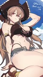 Rule 34 | 1girl, abs, anchor earrings, arm up, azur lane, bikini, blue sky, breasts, brown bikini, brown hair, brown hat, closed mouth, cloud, commission, cross-laced bikini, cross-laced clothes, cutoff jeans, cutoffs, earrings, from below, gladiator sandals, hair between eyes, hand rest, hat, hata4564, high heels, highleg, highleg bikini, highres, jean bart (azur lane), jean bart (private apres midi) (azur lane), jewelry, large breasts, light blush, long hair, looking at viewer, micro shorts, navel, official alternate costume, open clothes, open shorts, pirate hat, red eyes, sandals, shorts, sitting, skeb commission, sky, solo, stomach, swimsuit, thighs