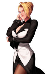 Rule 34 | 1girl, blonde hair, blue eyes, breasts, buttons, cleavage, commentary request, earrings, evilgun, fingernails, hair bun, highres, jewelry, lips, long sleeves, looking at viewer, mature (kof), medium breasts, nail polish, pantyhose, parted bangs, parted lips, shiny skin, single hair bun, smile, snk, solo, the king of fighters, white nails