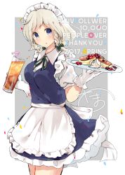 Rule 34 | 1girl, :o, apron, blue dress, blue eyes, blush, braid, cowboy shot, cup, dated, dress, drink, drinking glass, drinking straw, food, frilled apron, frilled dress, frills, glass, gloves, hands up, holding, holding cup, holding drinking glass, holding plate, ice, ice cube, izayoi sakuya, looking at viewer, maid, maid apron, maid headdress, milestone celebration, no nose, open mouth, plate, puffy short sleeves, puffy sleeves, serving, short sleeves, silver hair, soda, solo, tamagogayu1998, thank you, touhou, transparent background, twin braids, waist apron, white gloves
