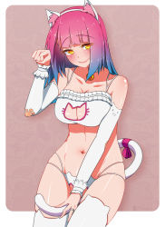 Rule 34 | 1girl, animal ears, animal print, blue hair, bra, breasts, cat cutout, cat ear panties, cat ears, cat lingerie, cat print, cat tail, cleavage, clothing cutout, elbow gloves, gloves, gradient hair, highres, large breasts, long hair, looking at viewer, meme attire, multicolored hair, mythless, navel, original, panties, pink hair, print panties, smile, solo, tail, thighhighs, underwear, white bra, white gloves, white panties, white thighhighs, yellow eyes
