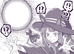 Rule 34 | !?, @ @, animal ears, boots, commentary request, energy ball, gloves, hair rings, hat, horse ears, horse girl, magic, monochrome, portrait, purple theme, smile, smoke, standing, sweat, nervous sweating, sweep tosho (umamusume), taguchi kenji (omaep), thigh boots, thighhighs, umamusume, witch hat