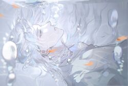 Rule 34 | 1boy, air bubble, bandaged neck, bandages, bishounen, bubble, fish, highres, i became a god in a horror game, koi, long hair, looking up, male focus, profile, solo, submerged, tavel, underwater, very long hair, white hair