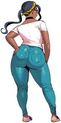 Rule 34 | 1girl, ass, back, black-framed eyewear, black choker, black hair, breasts, choker, dark-skinned female, dark skin, denim, elf-san wa yaserarenai., fangs, glasses, hairband, hand on own ass, hand on own hip, highres, huge ass, jeans, kneepits, large breasts, long hair, medesa, pants, ponytail, red hair, shirt, simple background, smile, snake hair, solo, synecdoche, thick eyebrows, thick thighs, thighs, white background