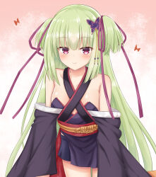 Rule 34 | 1girl, armpit crease, bare shoulders, black kimono, black sleeves, blunt bangs, blunt ends, blush, breasts, butterfly hair ornament, closed mouth, commentary, cowboy shot, criss-cross halter, detached sleeves, eyelashes, eyes visible through hair, green hair, hair ornament, hair ribbon, halterneck, highres, hime cut, japanese clothes, kimono, long hair, long ribbon, long sleeves, looking at viewer, murasame (senren), pink background, pom pom (clothes), purple ribbon, red eyes, red sash, ribbon, sash, senren banka, shiny skin, short kimono, sidelocks, simple background, small breasts, smile, solo, standing, straight hair, two side up, very long hair, wide sleeves, yuunagi (yunagi1373)
